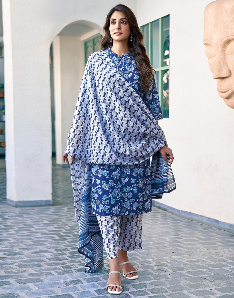 SIRIL Women's Rayon Blend Floral Printed Kurta Pant with Dupatta Set | Ethnic Set | Suit Set | Kurta Set (149KBD1615-S_Dark Blue), Regular Fit - Image 3