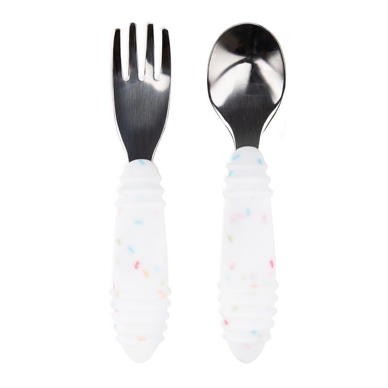 Bumkins Toddler Utensils, Kids Size Fork and Spoon Set, Silicone and Stainless-Steel Training Silverware, Angled Forks/Sporks Feeding, Children Hold Learning to Eat, 18 Mos Up, Vanilla Sprinkles - Image 1
