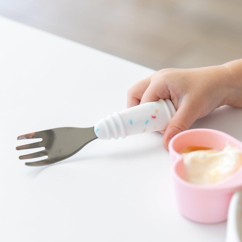 Bumkins Toddler Utensils, Kids Size Fork and Spoon Set, Silicone and Stainless-Steel Training Silverware, Angled Forks/Sporks Feeding, Children Hold Learning to Eat, 18 Mos Up, Vanilla Sprinkles - Image 2