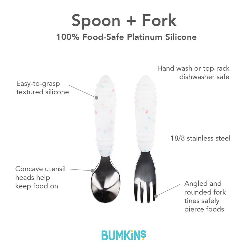 Bumkins Toddler Utensils, Kids Size Fork and Spoon Set, Silicone and Stainless-Steel Training Silverware, Angled Forks/Sporks Feeding, Children Hold Learning to Eat, 18 Mos Up, Vanilla Sprinkles - Image 5