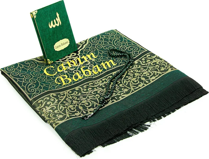 ايهفان اونلاين Ihvan Online Father's Day Prayer Rug Set with Prayer Beads and Yasin Book Personalized Green