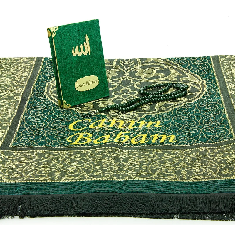 ايهفان اونلاين Ihvan Online Father's Day Prayer Rug Set with Prayer Beads and Yasin Book Personalized Green