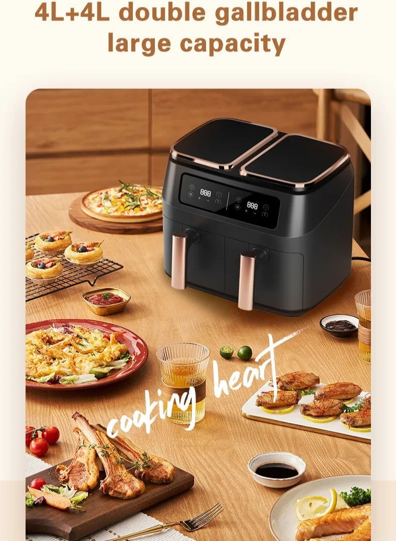 Electric air fryer for frying, grilling, baking, and roasting with overheating protection, promoting healthier cooking.