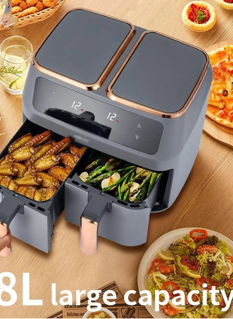 Electric air fryer for frying, grilling, baking, and roasting with overheating protection, promoting healthier cooking.
