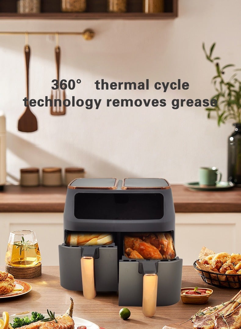 Electric air fryer for frying, grilling, baking, and roasting with overheating protection, promoting healthier cooking.