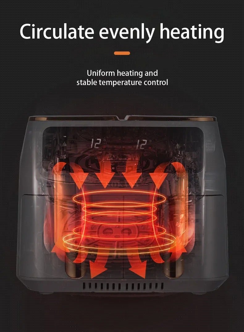 Electric air fryer for frying, grilling, baking, and roasting with overheating protection, promoting healthier cooking.