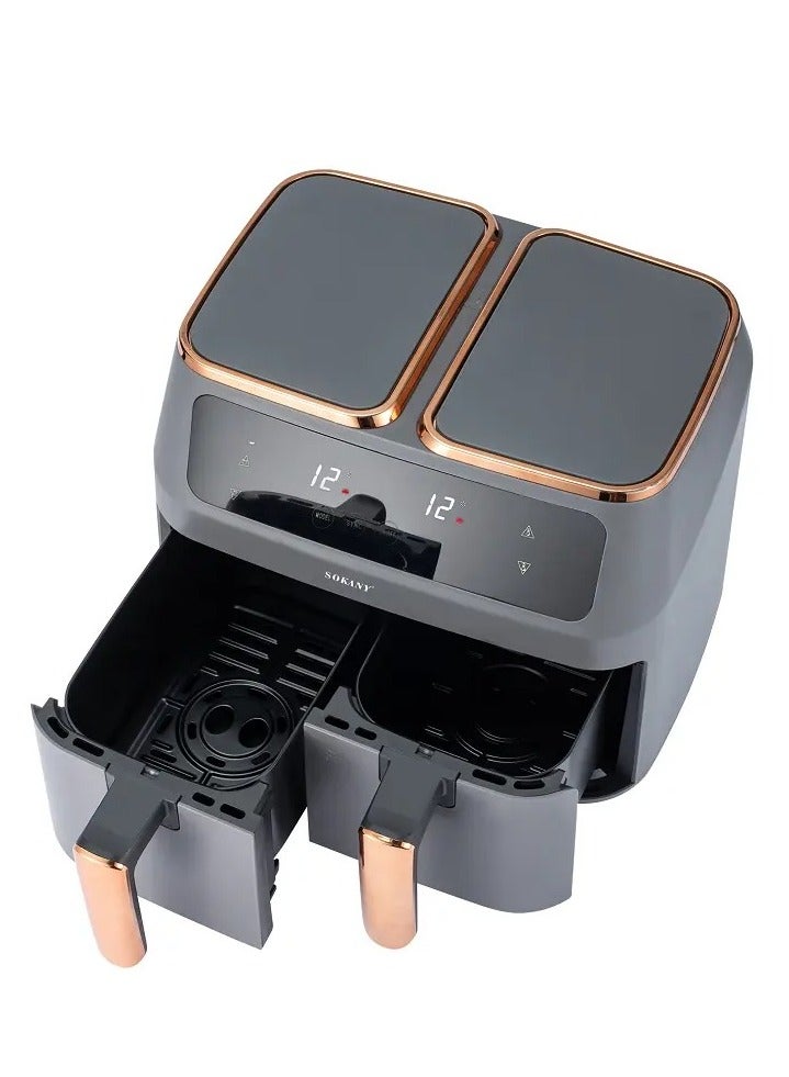 Electric air fryer for frying, grilling, baking, and roasting with overheating protection, promoting healthier cooking.