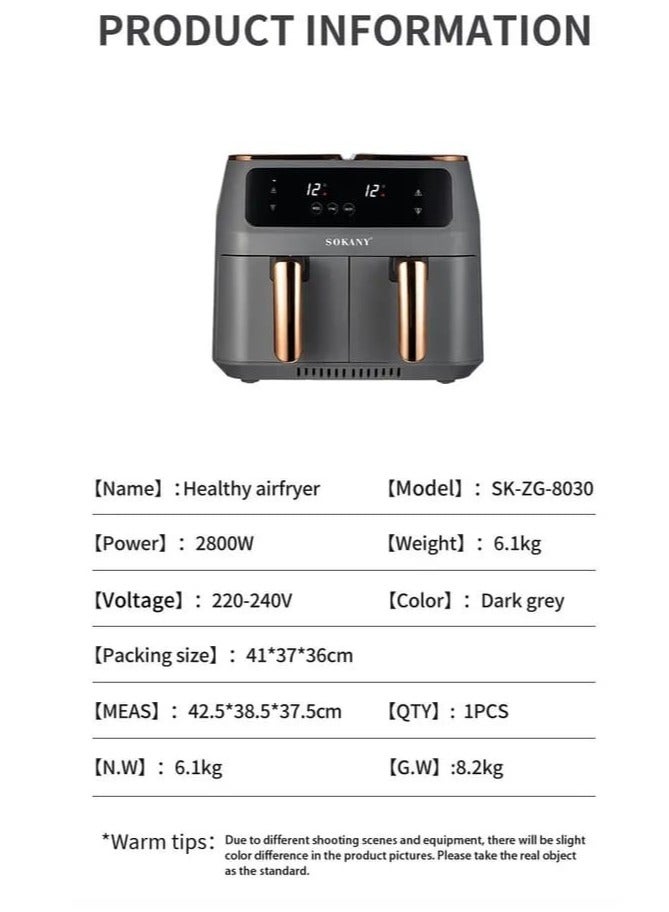 Electric air fryer for frying, grilling, baking, and roasting with overheating protection, promoting healthier cooking.