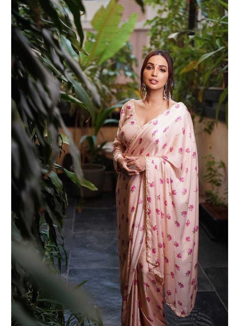 Satin silk printed hand work lace border Saree | satin saree| Lotus printed Saree | Baby pink - Image 2