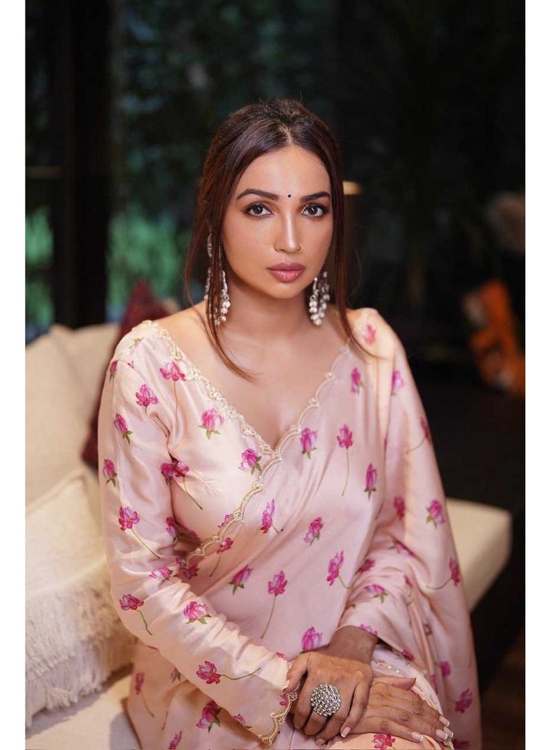 Satin silk printed hand work lace border Saree | satin saree| Lotus printed Saree | Baby pink - Image 1