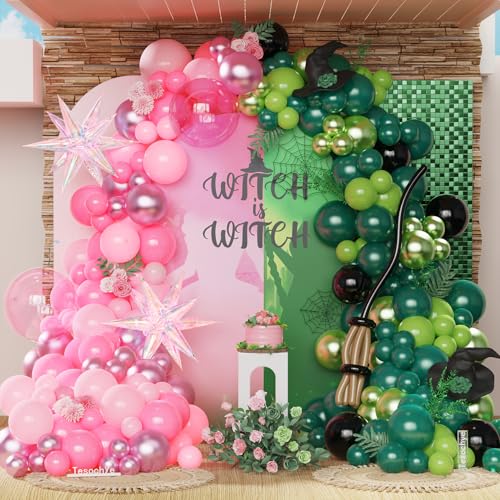 Tesochye Pink and Green Witch Party Decorations164 Pcs Light Pink Deep Green Black Balloon Arch Kit with Iridescent Exploding Star Balloons for Princess Witch Birthday Party Fairy Wonderlad Party Supplies - Image 1