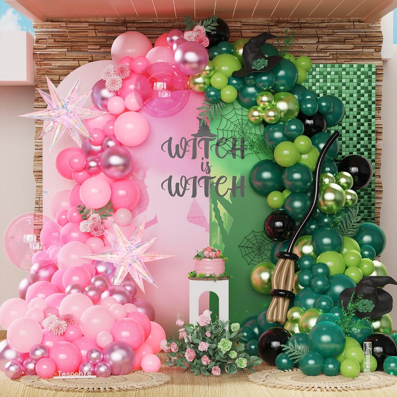 Tesochye Pink and Green Witch Party Decorations164 Pcs Light Pink Deep Green Black Balloon Arch Kit with Iridescent Exploding Star Balloons for Princess Witch Birthday Party Fairy Wonderlad Party Supplies - Image 2