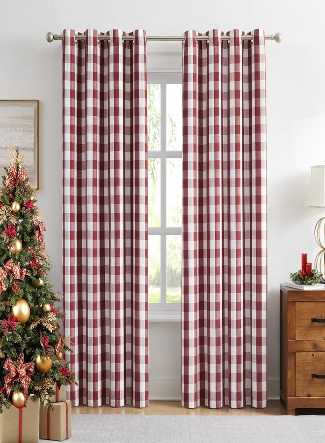 Amzdecor Buffalo Plaid Check Full Blackout Curtains Woven Checkered GEO Thermal Insulated Energy Efficient Drapes Grommet 2 Layers Window Treatment for Bedroom Living Room,2 Panels,52"x84",Red White - Image 1