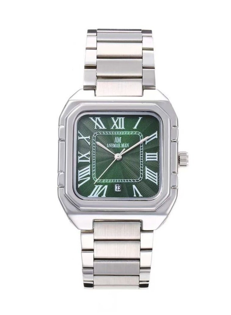 ANEMAR MAN Men's waterproof watch, high quality steel, silver strap with green dial