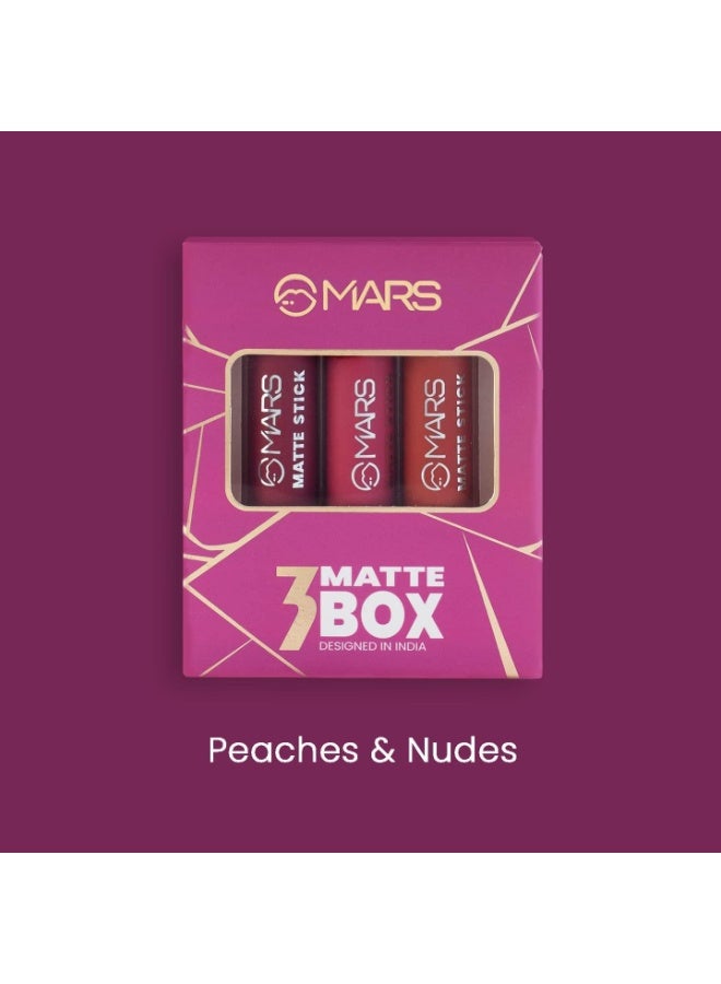 مارس مجموعة أحمر شفاه MARS Matte Box المكونة من 3 قطع للنساء، تدوم طويلاً، بلمسة نهائية ناعمة، مرطبة، لون غني بتمريرة واحدة، 3 × 3.2 جم (02-خوخ وألوان نيود) - Image 2