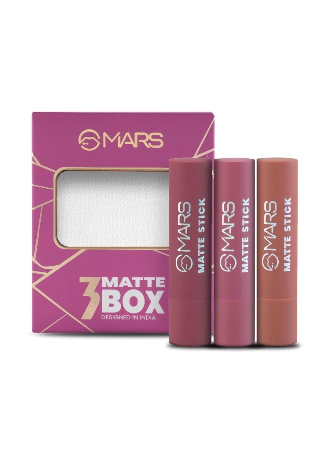 مارس مجموعة أحمر شفاه MARS Matte Box المكونة من 3 قطع للنساء، تدوم طويلاً، بلمسة نهائية ناعمة، مرطبة، لون غني بتمريرة واحدة، 3 × 3.2 جم (02-خوخ وألوان نيود) - Image 1