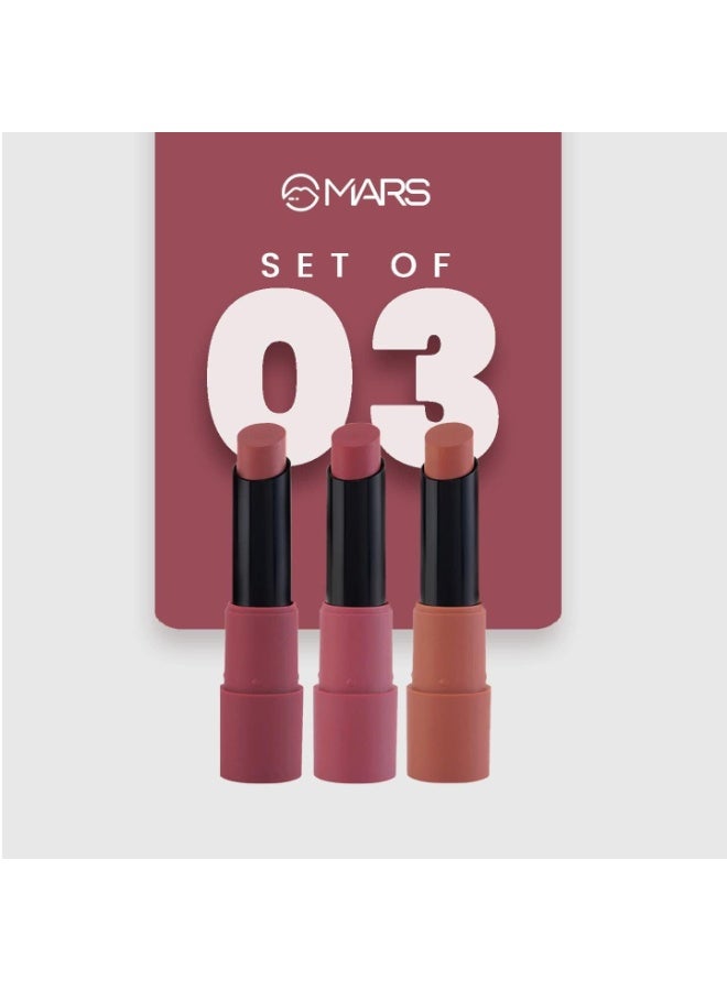 مارس مجموعة أحمر شفاه MARS Matte Box المكونة من 3 قطع للنساء، تدوم طويلاً، بلمسة نهائية ناعمة، مرطبة، لون غني بتمريرة واحدة، 3 × 3.2 جم (02-خوخ وألوان نيود) - Image 3