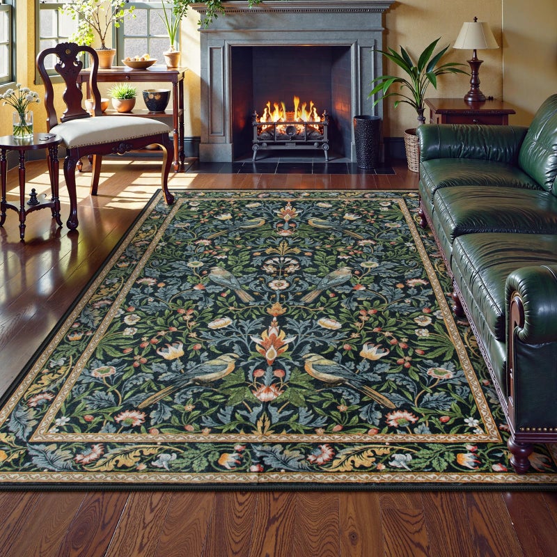 Morebes Washable 5x7 Area Rugs, Boho Floral Rugs for Living Room Non Slip, Soft Flower Birds Office Rug Low-Pile Floor Indoor Throw Carpet for Bedroom Dining Room Playroom Foyer, Navy Blue - Image 1