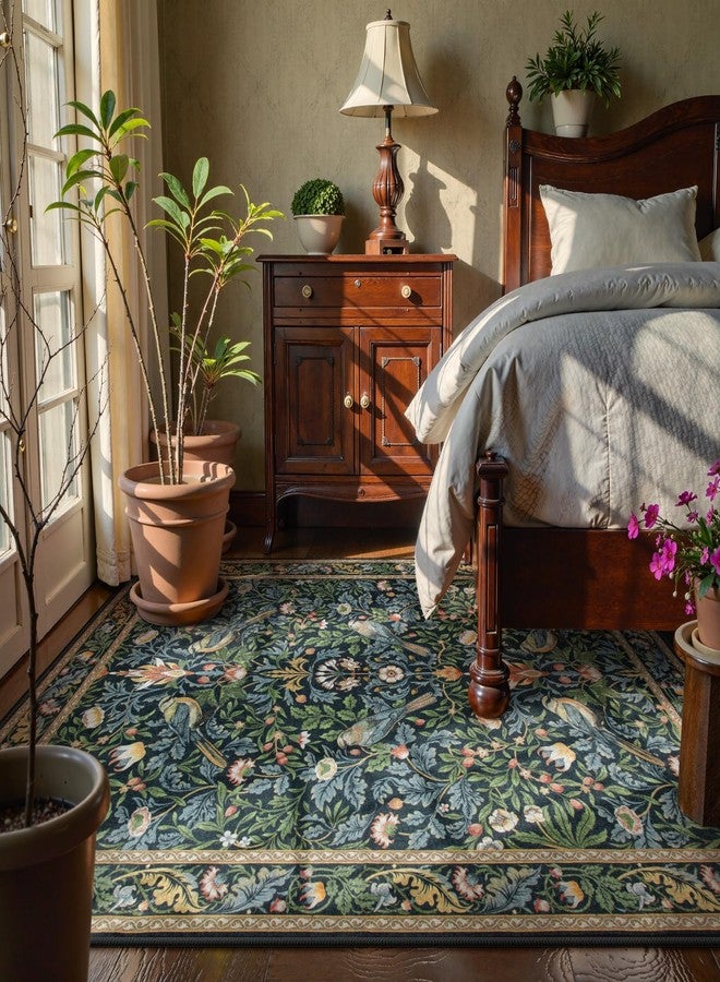 Morebes Washable 5x7 Area Rugs, Boho Floral Rugs for Living Room Non Slip, Soft Flower Birds Office Rug Low-Pile Floor Indoor Throw Carpet for Bedroom Dining Room Playroom Foyer, Navy Blue - Image 2