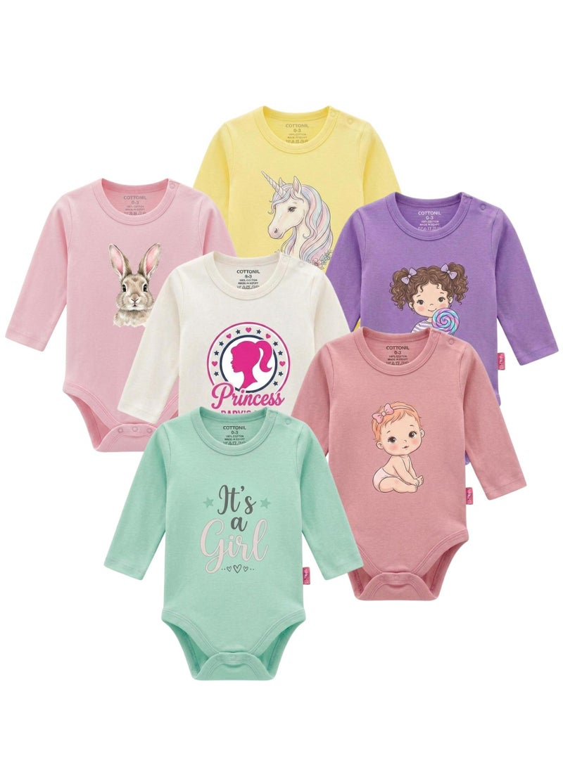 Cottonil Baby Long Sleeve Bodysuits, 100% Cotton, Pack of 6, Cute Printed Designs - Baby Girl - Image 1