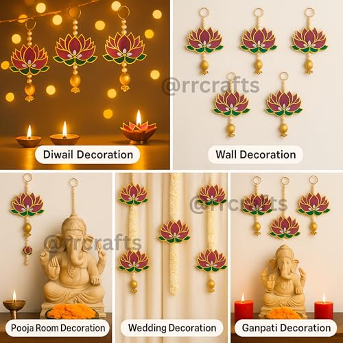 RR Crafts MDF Lotus Decorative Hanging Pack of 6 – Pink Festival Toran for Diwali Decoration, Pooja Room, Mandir Wall Decor, Living Room Home Decor Items, Ganpati Celebration - Image 5