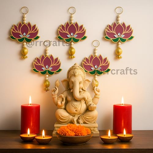 RR Crafts MDF Lotus Decorative Hanging Pack of 6 – Pink Festival Toran for Diwali Decoration, Pooja Room, Mandir Wall Decor, Living Room Home Decor Items, Ganpati Celebration - Image 2