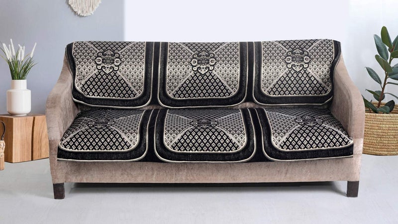 Nendle Chenille Jacquard Weaved Velvet 3 Seater Sofa Cover (Black, Set of 2 Pieces) - Image 2