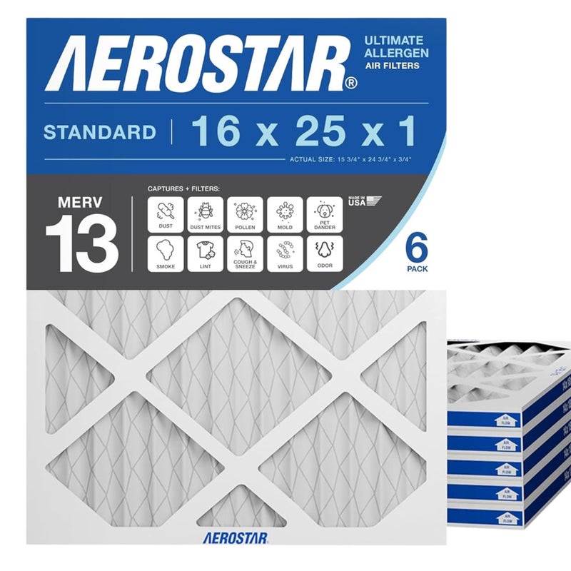 Aerostar فلتر هواء Aerostar 16x25x1 MERV 13، 6 عدداً، الحجم الفعلي (15.75 x 24.75 x 0.75)، HVAC، فلتر تكييف الهواء والمدفأة للحساسية، الغبار، شعر الحيوانات والدخان (MPR 1500 / FPR 10)، صنع في الولايات المتحدة - Image 1