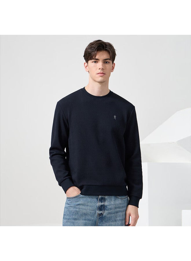 Dancing Wolves Men's Fashion Casual Round Neck Sweater With Waffle Pattern 101 Navy Blue 180 - Image 4