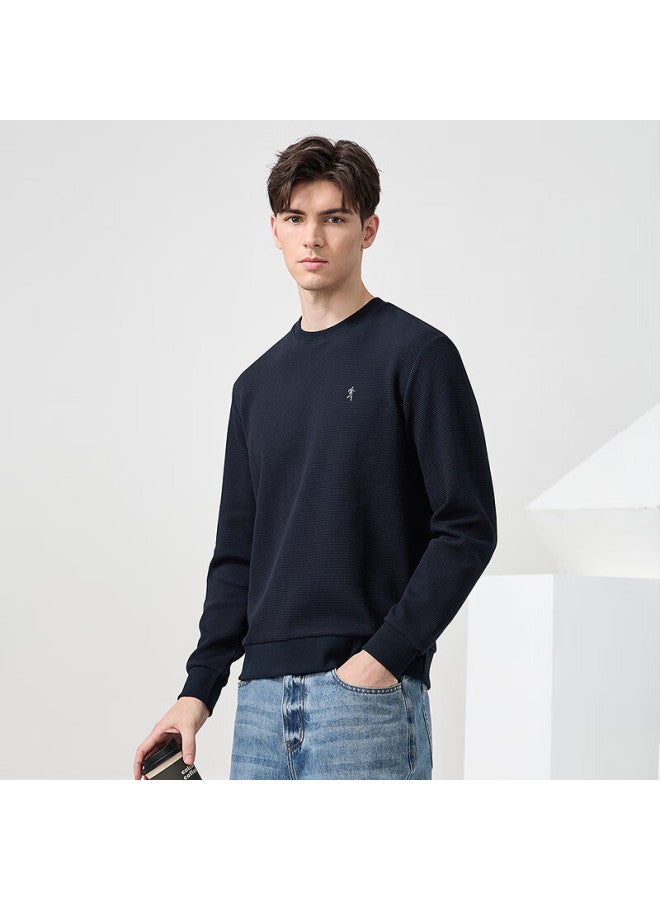 Dancing Wolves Men's Fashion Casual Round Neck Sweater With Waffle Pattern 101 Navy Blue 180 - Image 5
