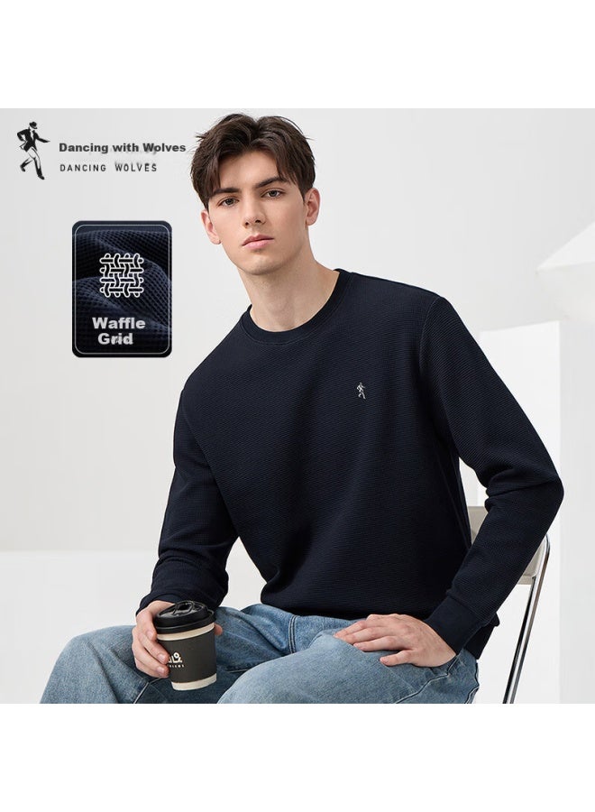 Dancing Wolves Men's Fashion Casual Round Neck Sweater With Waffle Pattern 101 Navy Blue 180 - Image 1