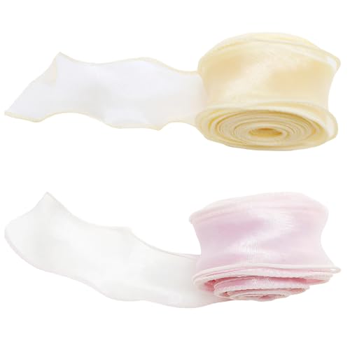 BharatBazaar 2PCS Organza Ribbon, Ribbons for Decoration and Gift Wrapping, Rolls Organza Fabric Material, 4 cm Wide 9.1 m Long, Pink and Yellow Ribbon Roll for Bouquet and Christmas Tree Decoration - Image 1