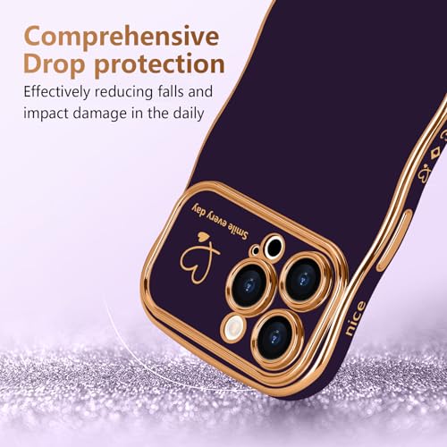 LCHULLE for iPhone 12 Pro Max Case for Women Girls, Cute Wave Frame Curly Shape with Love Heart Raised Camera Protection Cover Luxury Plating Shockproof Phone Case for iPhone 12 Pro Max, Dark Purple - Image 3