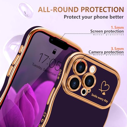LCHULLE for iPhone 12 Pro Max Case for Women Girls, Cute Wave Frame Curly Shape with Love Heart Raised Camera Protection Cover Luxury Plating Shockproof Phone Case for iPhone 12 Pro Max, Dark Purple - Image 4