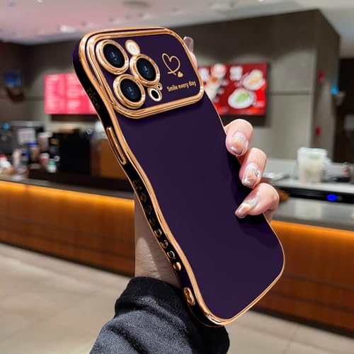 LCHULLE for iPhone 12 Pro Max Case for Women Girls, Cute Wave Frame Curly Shape with Love Heart Raised Camera Protection Cover Luxury Plating Shockproof Phone Case for iPhone 12 Pro Max, Dark Purple - Image 2