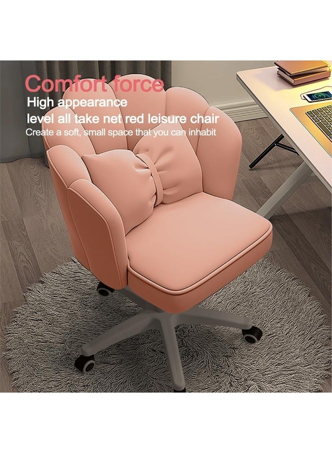 Reelyo Fluffy Velvet Office Chair 360° Swivel Height Adjustable Ergonomic Vanity Chair with Cushioned Seat/Backrest & Bow Pillow, Cute Petal Design Mid-Back Task Chair for Home Office, Makeup, Gaming & Living Room, Pink - Image 4