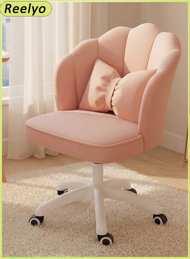 Reelyo Fluffy Velvet Office Chair 360° Swivel Height Adjustable Ergonomic Vanity Chair with Cushioned Seat/Backrest & Bow Pillow, Cute Petal Design Mid-Back Task Chair for Home Office, Makeup, Gaming & Living Room, Pink - Image 1