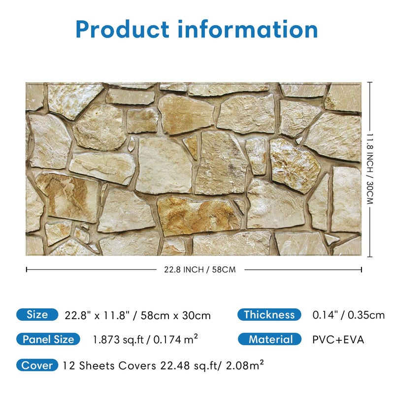 COMSTICKC 3D Faux Stone Wall Panels Peel and Stick, 12 Pcs 22.8" x 11.8", DIY UrltraLight PVC Fake Stone Textured Self Adhesive Wall Panels for Kitchen, Living Room Background, Covers 22.48 sq.ft - Image 5