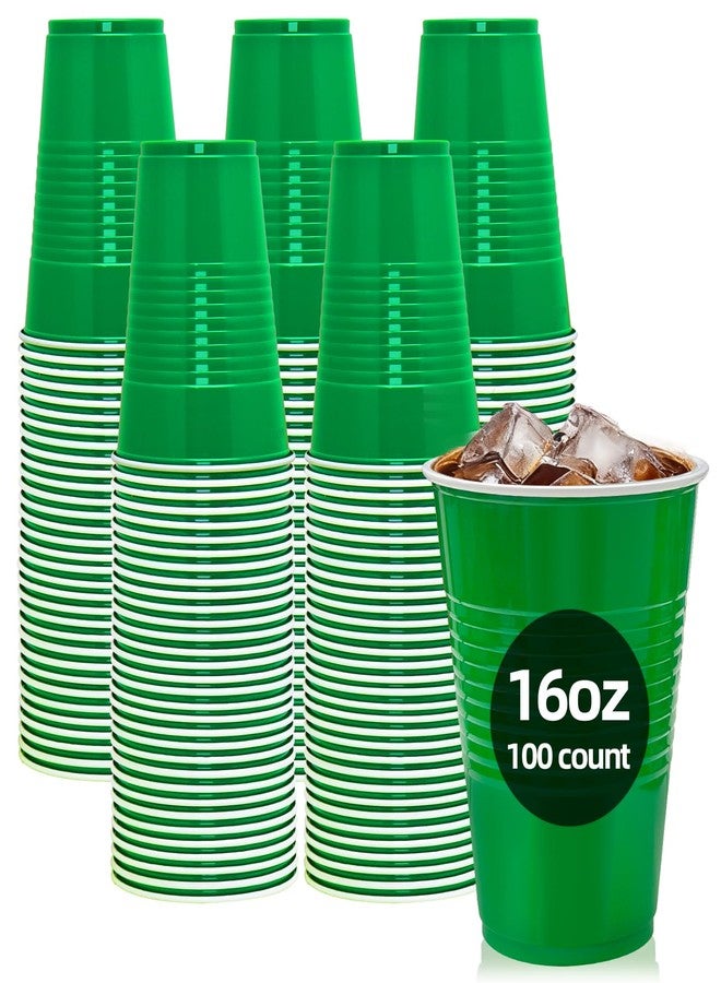 BONSINY 100 Pack Green Plastic Cups, 16 oz Green Disposable Cups, Plastic Party Cups Heavy Duty for Party Wedding Halloween Thansgiving Christmas Picnic - Image 1