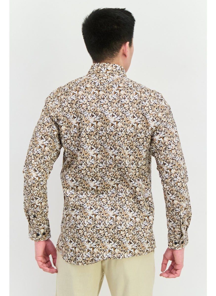 Selected Homme - Men Slim Fit Long Sleeves Allover Print Casual Shirt, Beige - Image 1