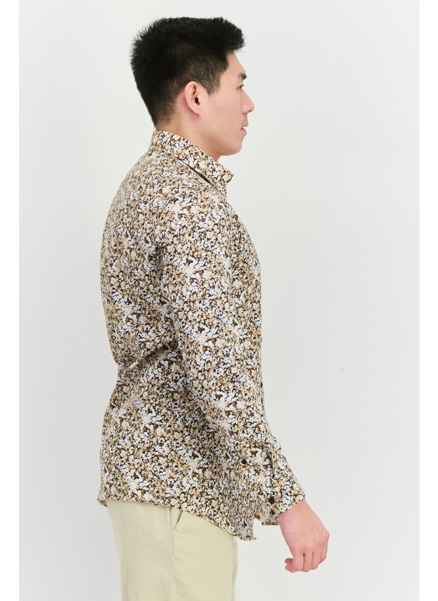 Selected Homme - Men Slim Fit Long Sleeves Allover Print Casual Shirt, Beige - Image 1