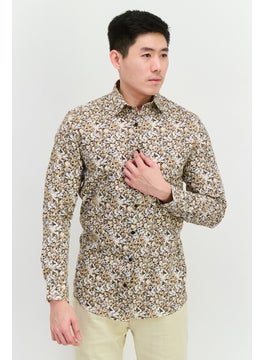 Men Slim Fit Long Sleeves Allover Print Casual Shirt, Beige