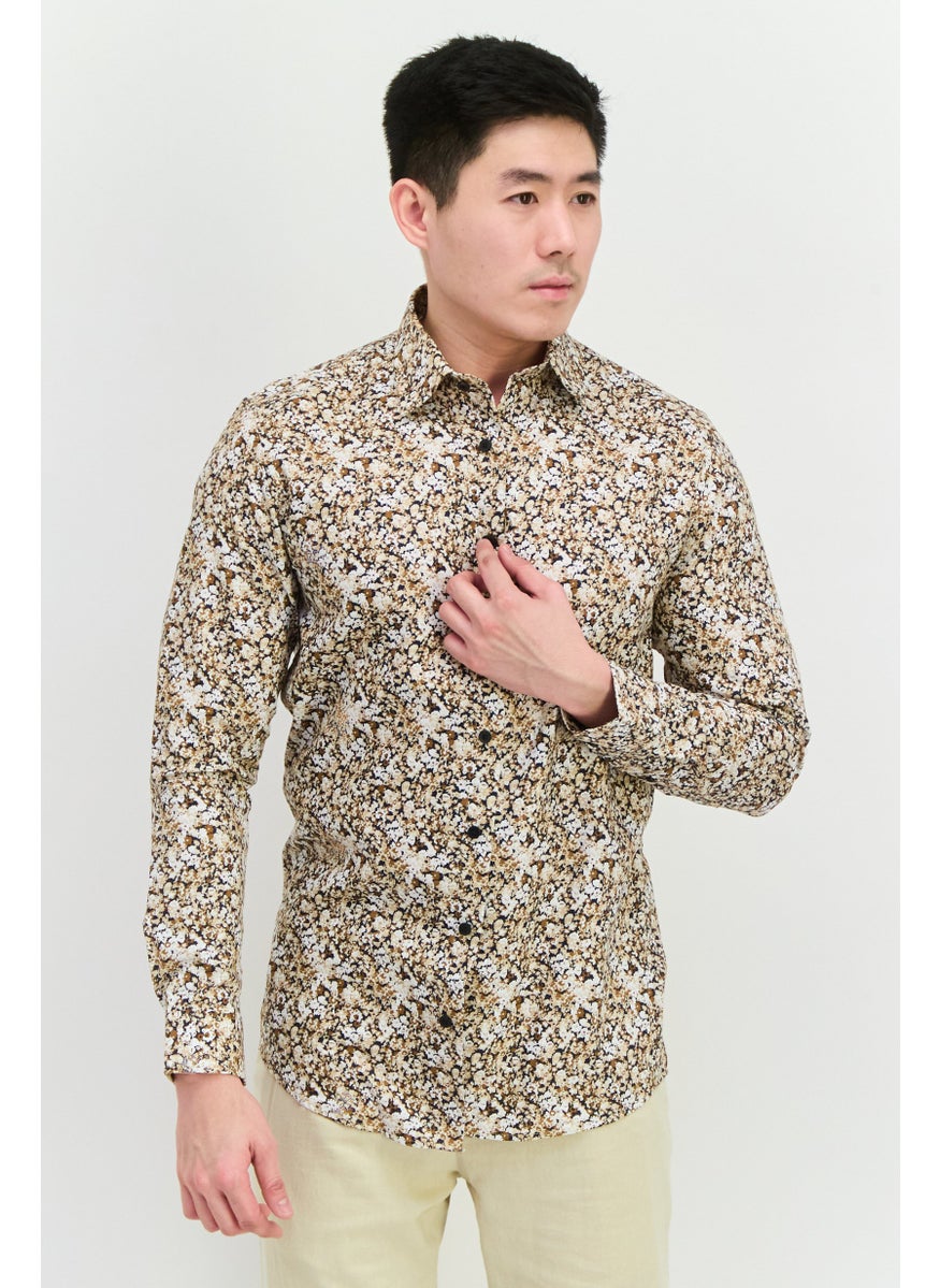 Selected Homme - Men Slim Fit Long Sleeves Allover Print Casual Shirt, Beige - Image 1