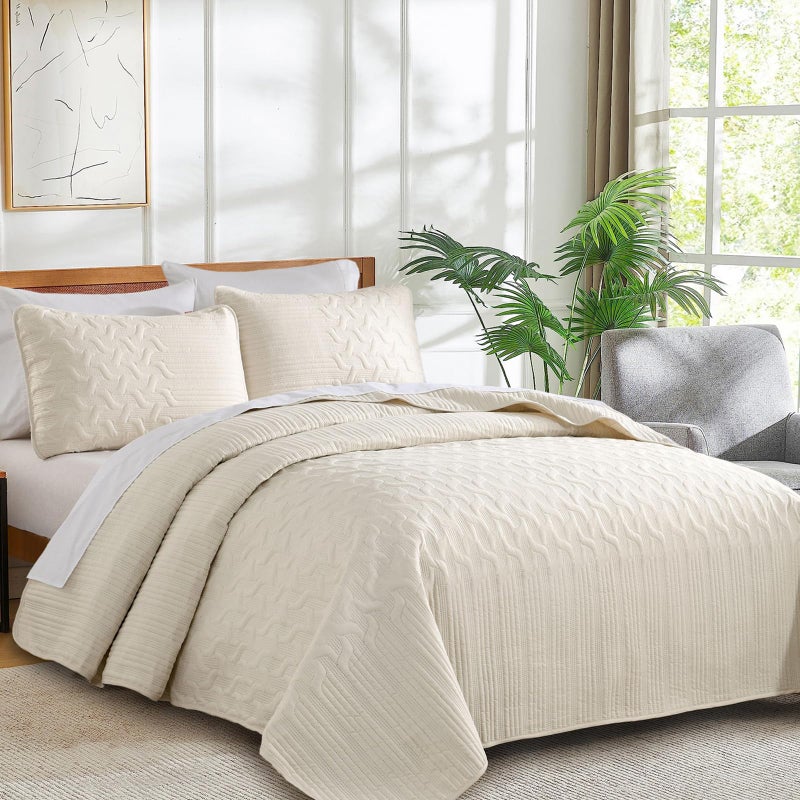 Yiran Beige Quilt Set King Size Lightweight Bedspread Ultrasonic Wave Pattern Soft Microfiber Coverlet for All Season Modern Style 3 Piece Bed Cover Sets with 2 Pillow Shams (106"x96") - Image 3