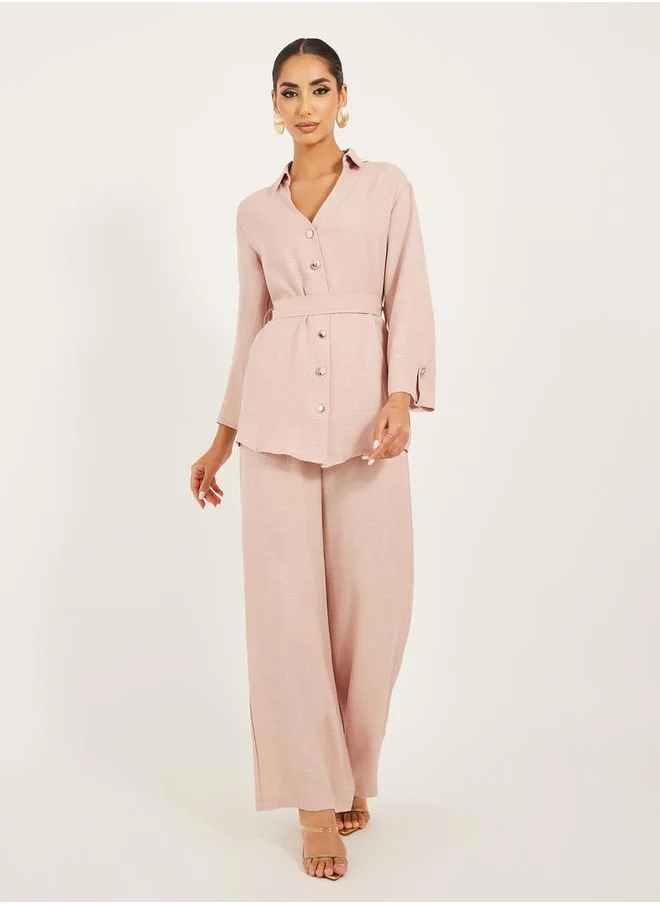 Styli Regular fit longline shirt with gold buttons and wide leg pants modest set