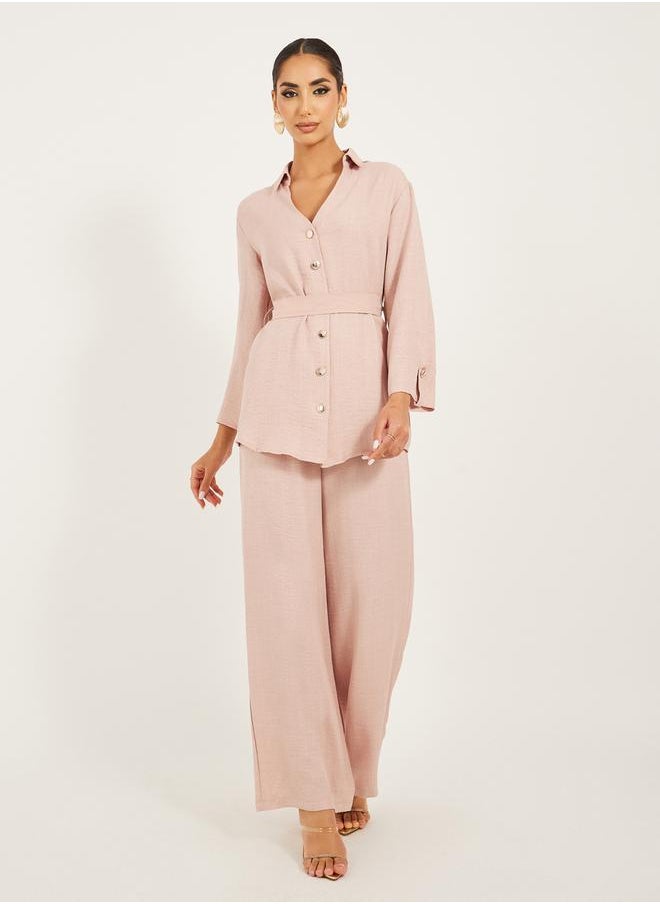 Styli - Regular fit longline shirt with gold buttons and wide leg pants modest set - Image 1