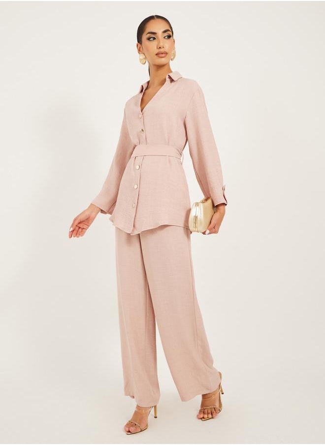 Styli - Regular fit longline shirt with gold buttons and wide leg pants modest set - Image 1
