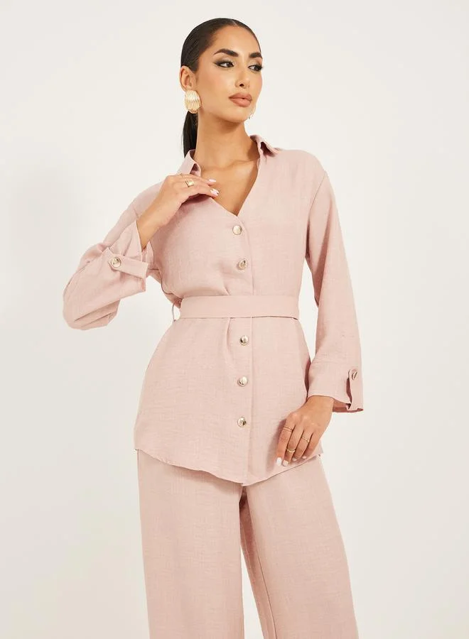 Styli Regular fit longline shirt with gold buttons and wide leg pants modest set