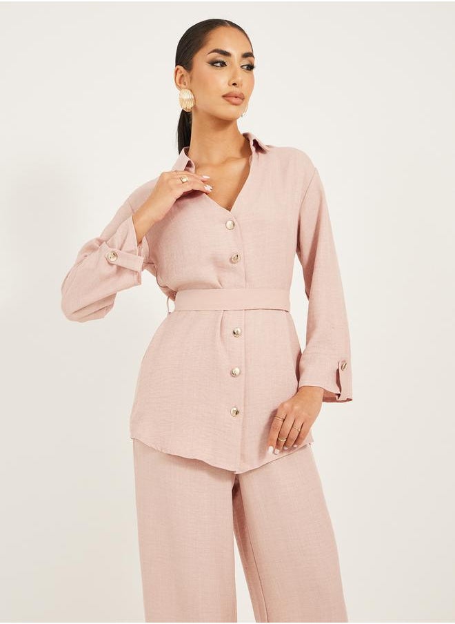 Styli - Regular fit longline shirt with gold buttons and wide leg pants modest set - Image 1