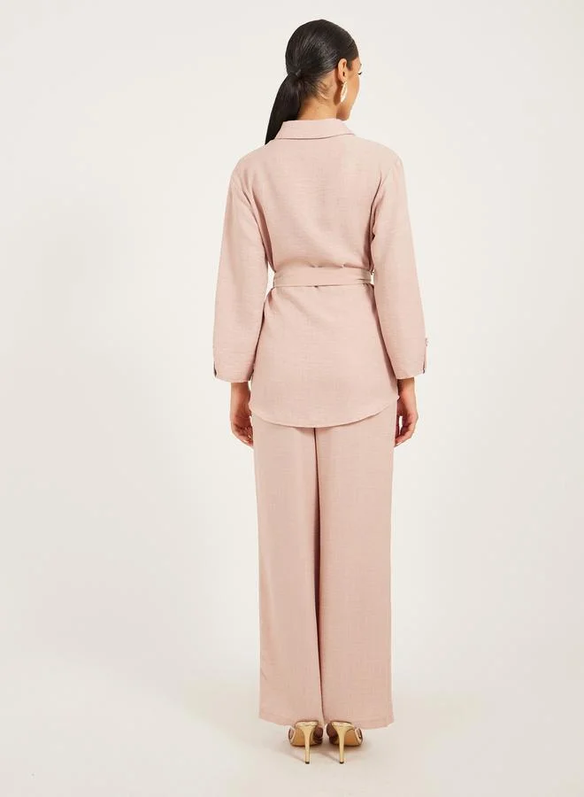 Styli Regular fit longline shirt with gold buttons and wide leg pants modest set